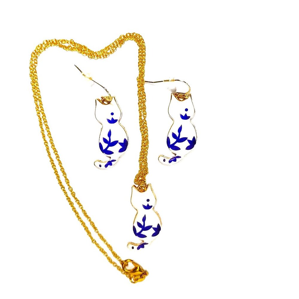 Blue Leaf Painted Enamel Kitty Cat Back Earring and Necklace Set